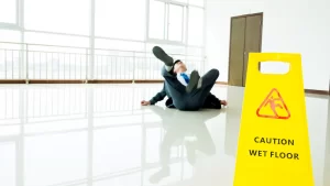 a slip and fall accident lawyer is lying on the floor with his legs in the air