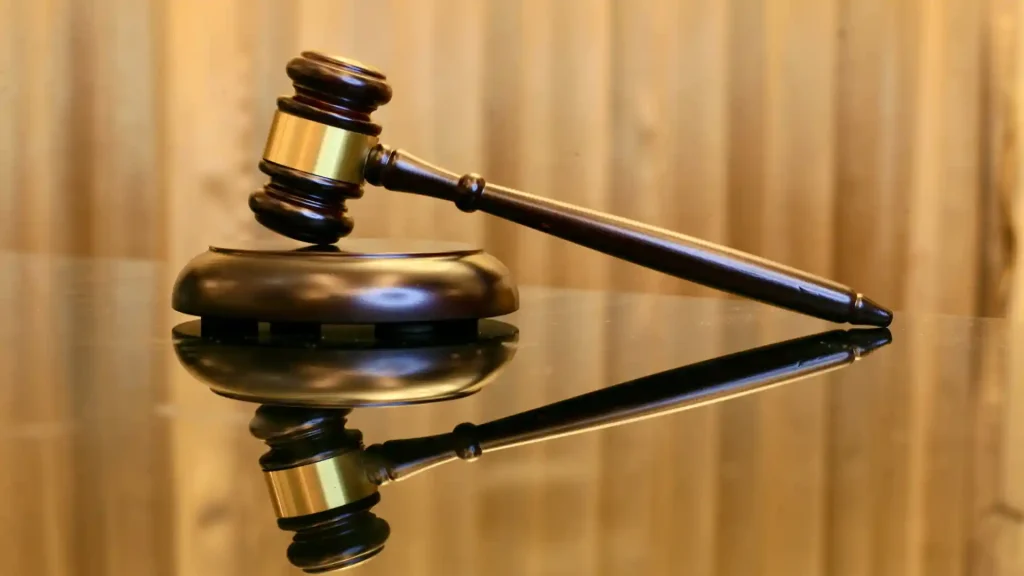 Wooden judge's gavel resting on a sound block.