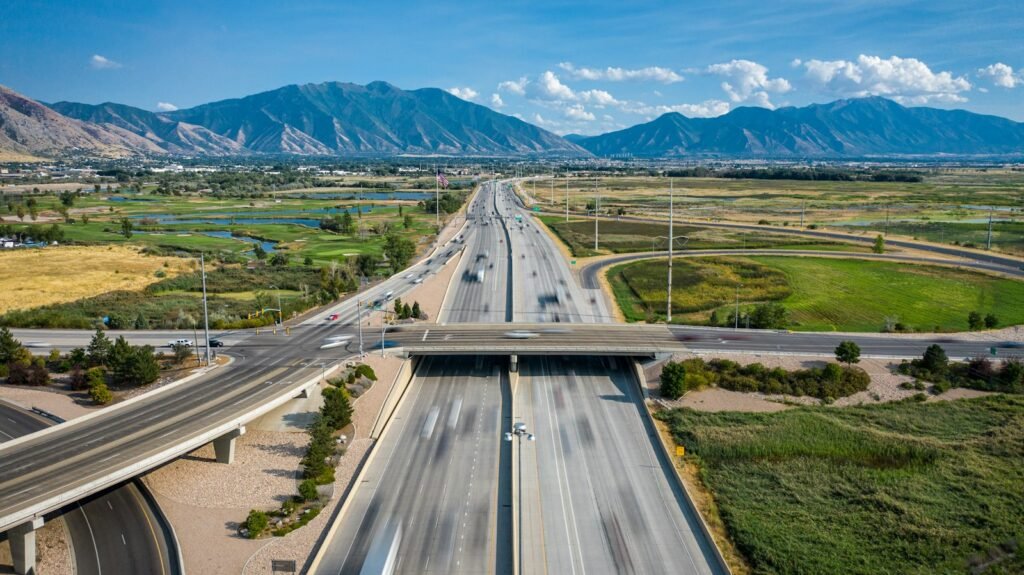 Freeway interchange with mountains in the background in Utah