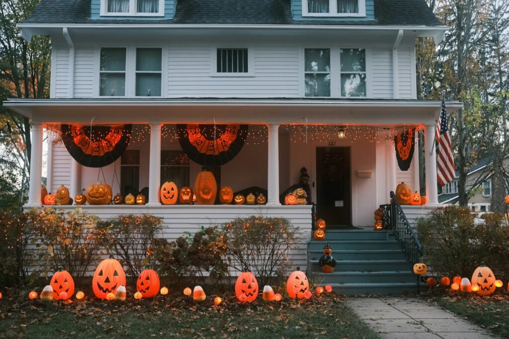 Front porch and steps decorated for Halloween with pumpkins and lights